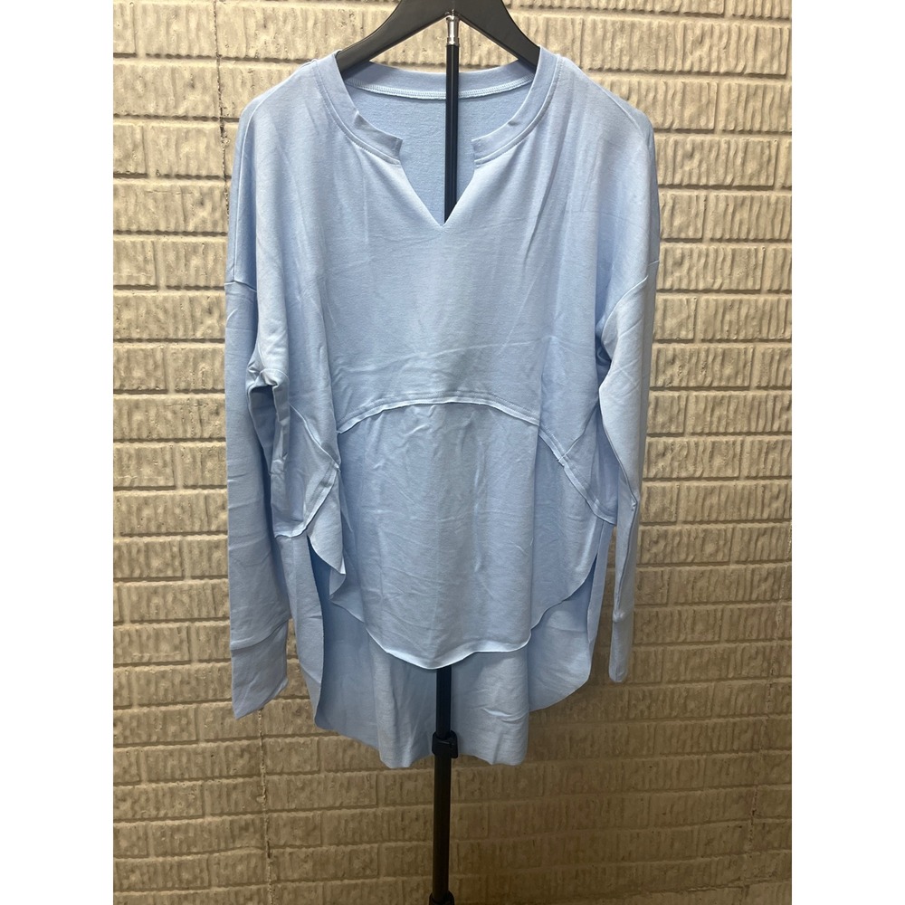 Light Blue Split V-Neck High Low Tunic‎ Long Sleeve Cotton Blend Top Small